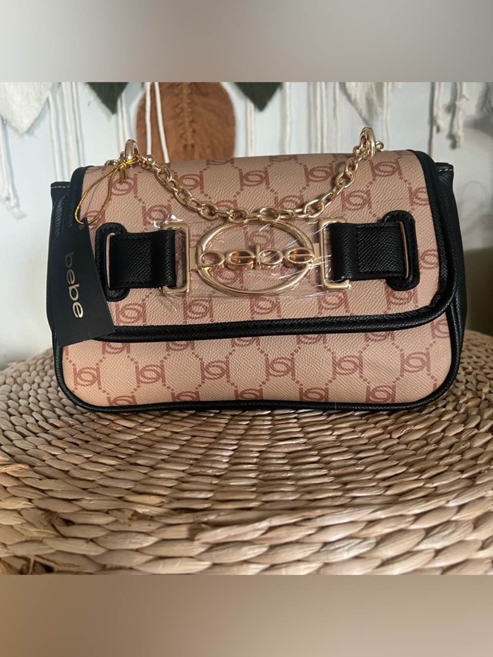 bebe Pink Beige Monogram Crossbody with Black Trim & Gold Chain
